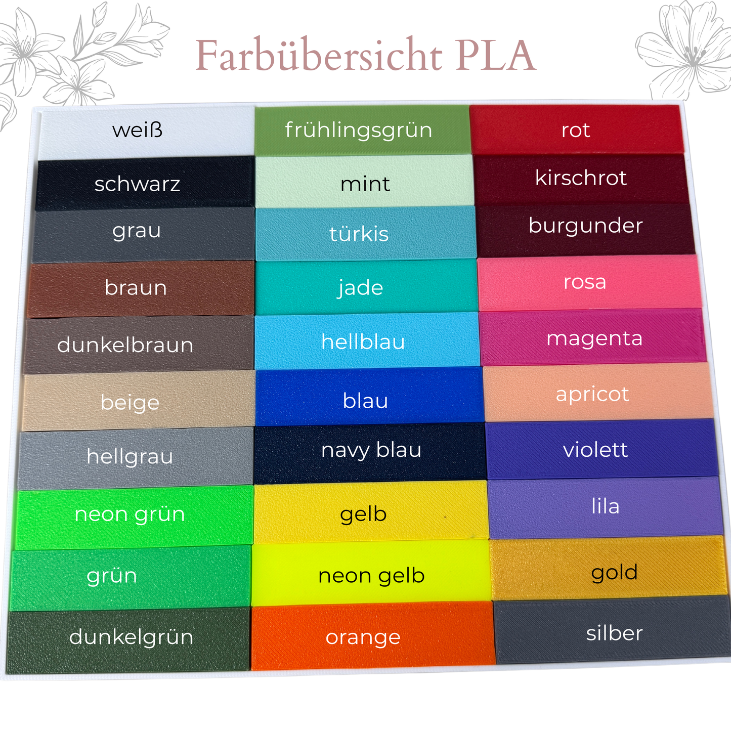 Farbauswahl für 3D Druck Deko aus PLA mit Übersicht von Weiß, Schwarz, Beige, Mint, Türkis, Magenta, Gold, Neon Gelb und weiteren Farben