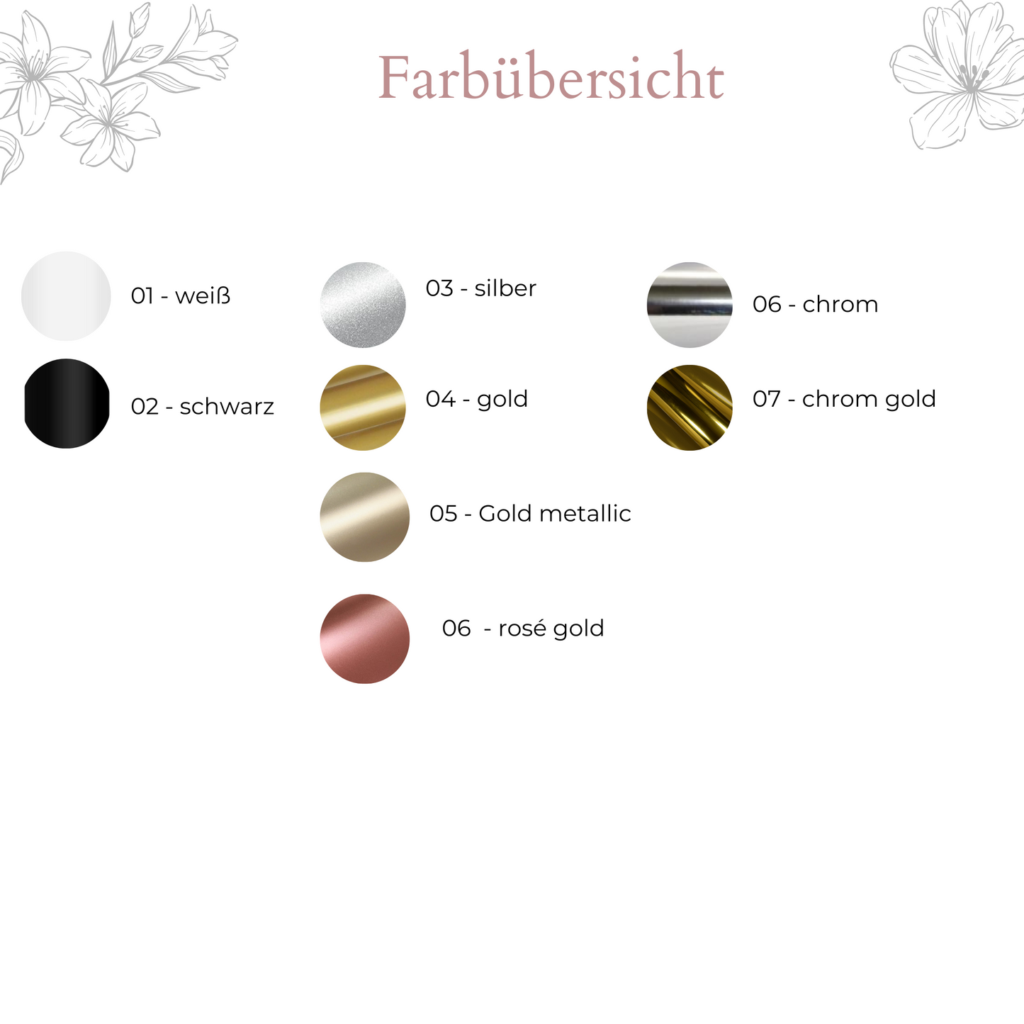 Farbpalette für personalisierte Weihnachtskugeln: von Weiß bis chrom gold – individuell wählbar.