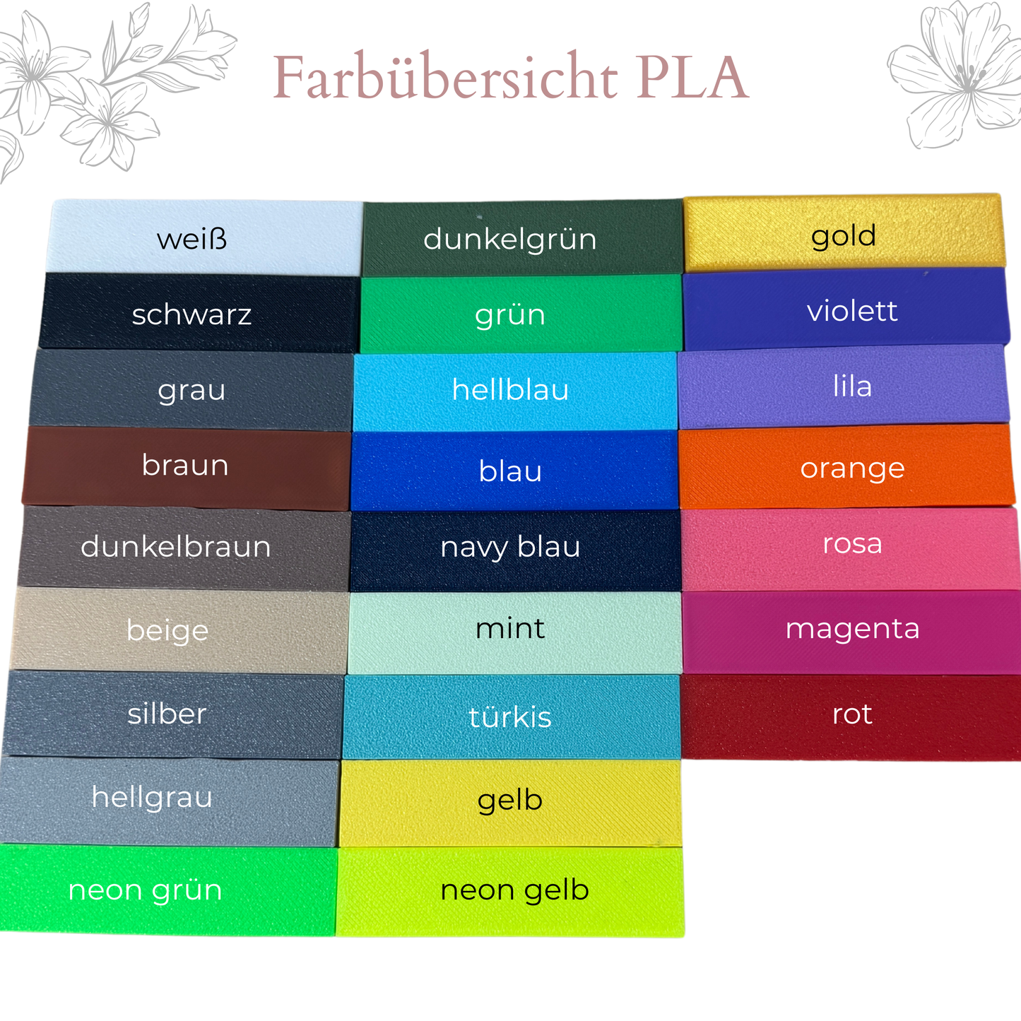 Farbübersicht PLA, von weiss über grün, blau, lila und rosa