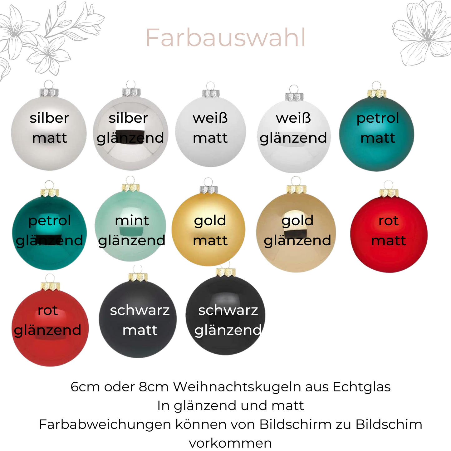 Farbübersicht: Weihnachtskugeln aus Echtglas in verschiedenen Farben und Oberflächen – matt oder glänzend.