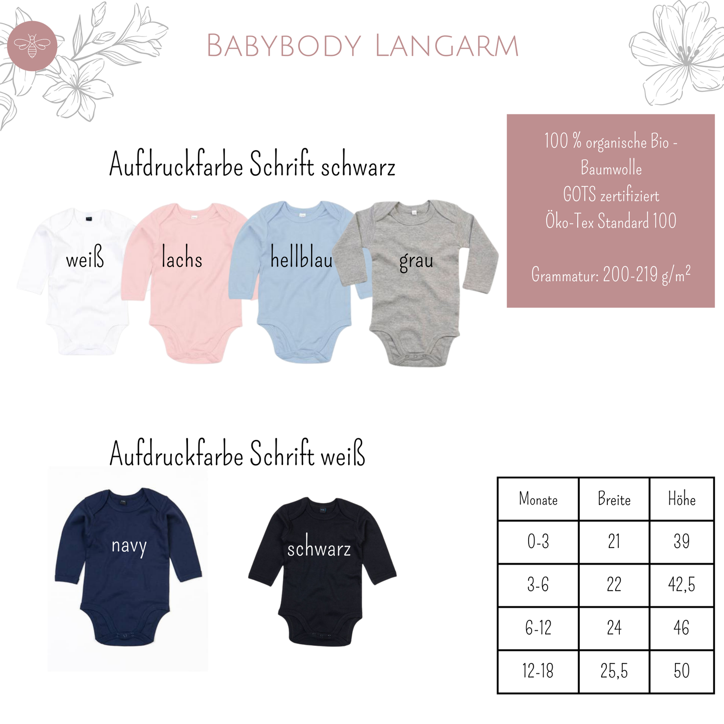 Langarm-Babybody für den ersten Muttertag in weiß, lachs, hellblau, grau, navy und schwarz.