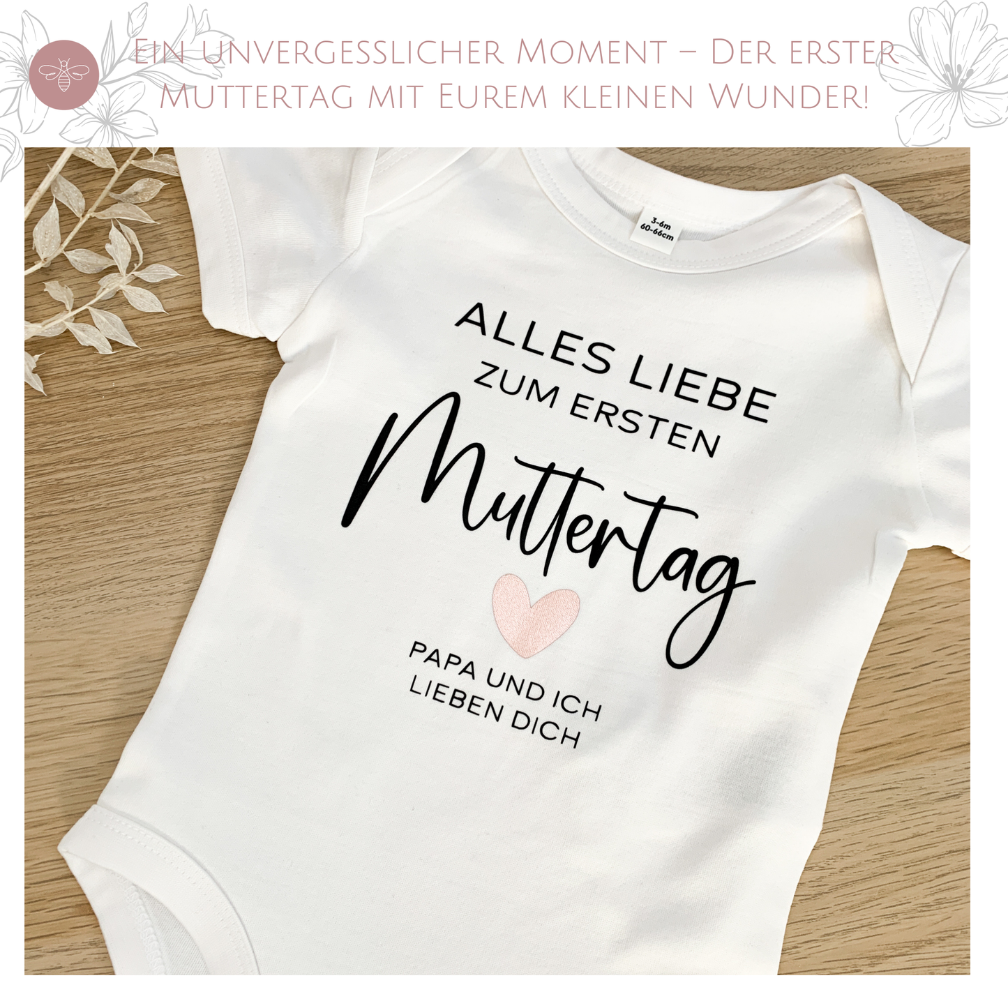 Babybody in Weiß mit personalisierbarem Text zum ersten Muttertag.