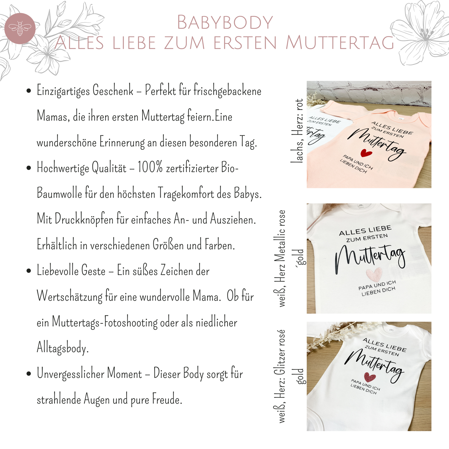 Babybody zum ersten Muttertag, einzigartiges Geschenk, hochwertige Qualität, liebevolle Geste für einen unvergesslichen Moment.