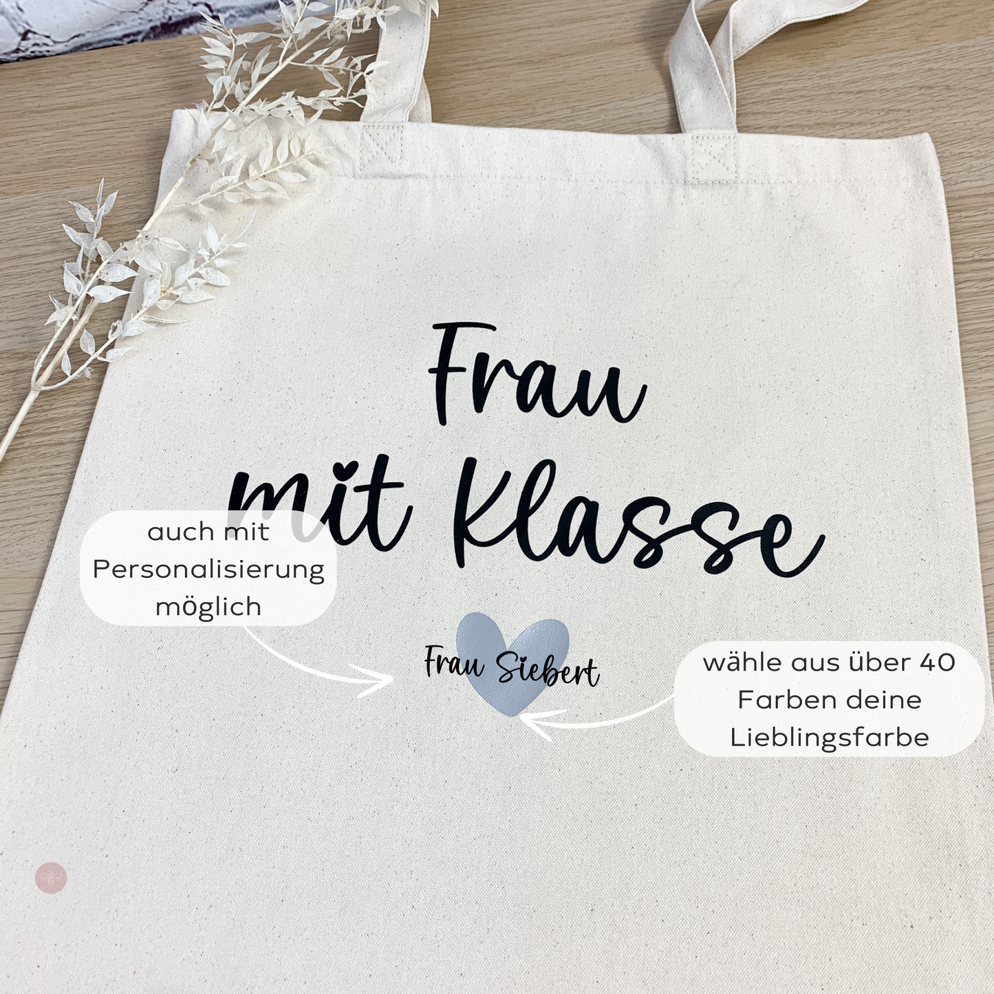 Handgefertigte Bio-Baumwolltasche mit der Aufschrift Frau mit Klasse und personalisierbarem Design