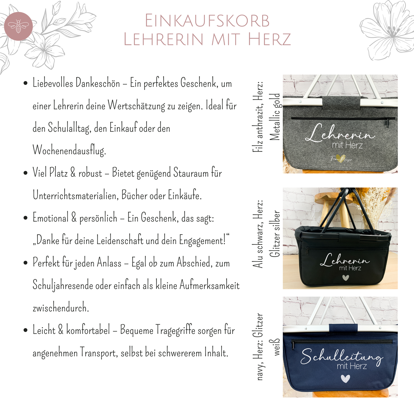 Varianten des Einkaufskorbs - als Geschenk für das Schuljahresende: Einkaufskorb mit Herz-Motiv für engagierte Lehrerinnen.