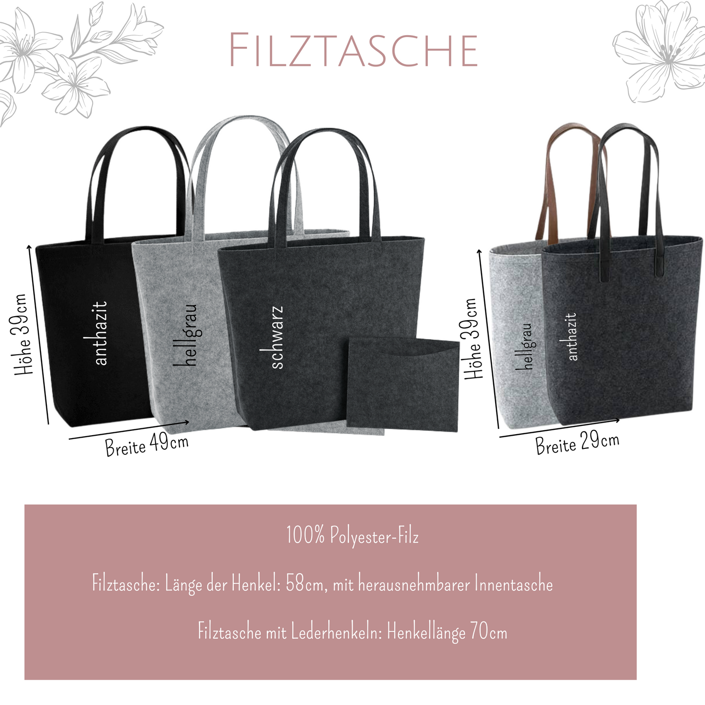 Filztaschen in verschiedenen Farben (Anthrazit, Hellgrau, Schwarz) mit Maßen und Details. Hochwertige Filztaschen mit robusten Henkeln und herausnehmbarer Innentasche, erhältlich mit klassischen oder Lederhenkeln. Perfekt für den Alltag, nachhaltig und stilvoll.