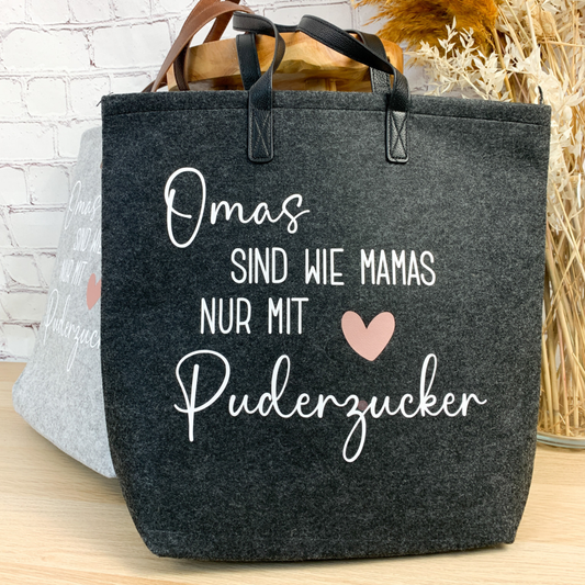 Eleganter Filzshopper in Anthrazit mit Lederhenkeln, weißer Schrift und Herzdetail – stilvolles und praktisches Geschenk für Omas.