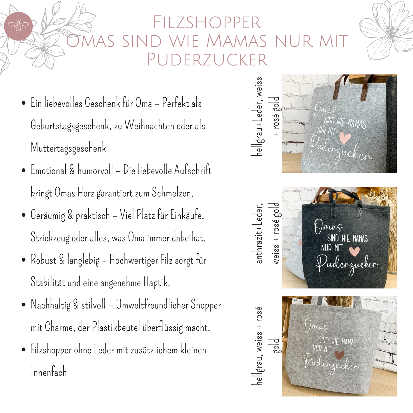 Filztasche mit rührender Aufschrift als Geschenk für Oma – ideal für Geburtstage, Weihnachten oder als kleine Aufmerksamkeit.