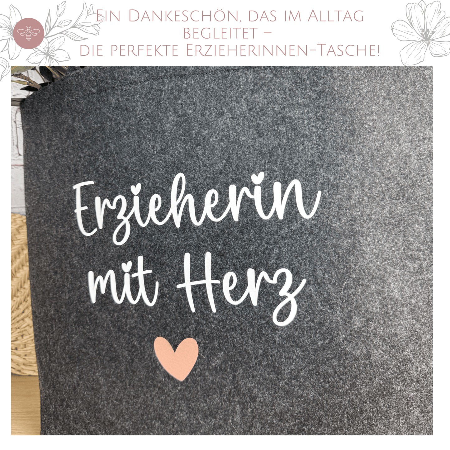 Filztasche „Erzieherin mit Herz“ in Anthrazit im Nahbereich, roségoldenes Herzmotiv, ideal als Geschenk zum Kita-Start