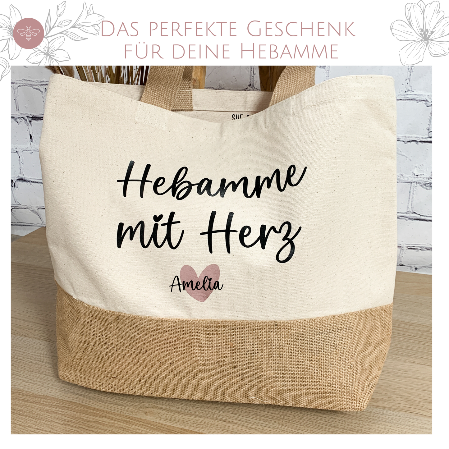 Personalisierbarer Baumwolljuteshopper "Hebamme mit Herz" mit Wunschname – eine besondere Aufmerksamkeit für Hebammen.