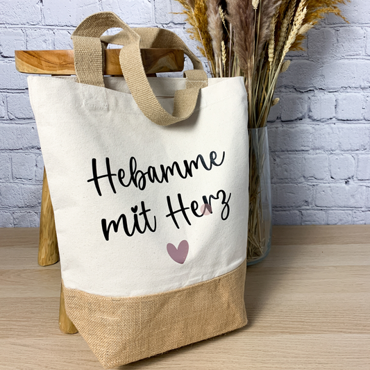 Nachhaltiger Juteshopper "Hebamme mit Herz" – das perfekte Geschenk zum Abschied oder als Dankeschön.