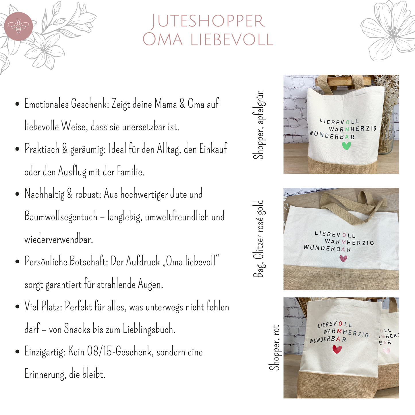 ProduktĂŒbersicht mit Infos zum Juteshopper fĂŒr Oma â Aufschrift 'liebvoll warmherzig wunderbar