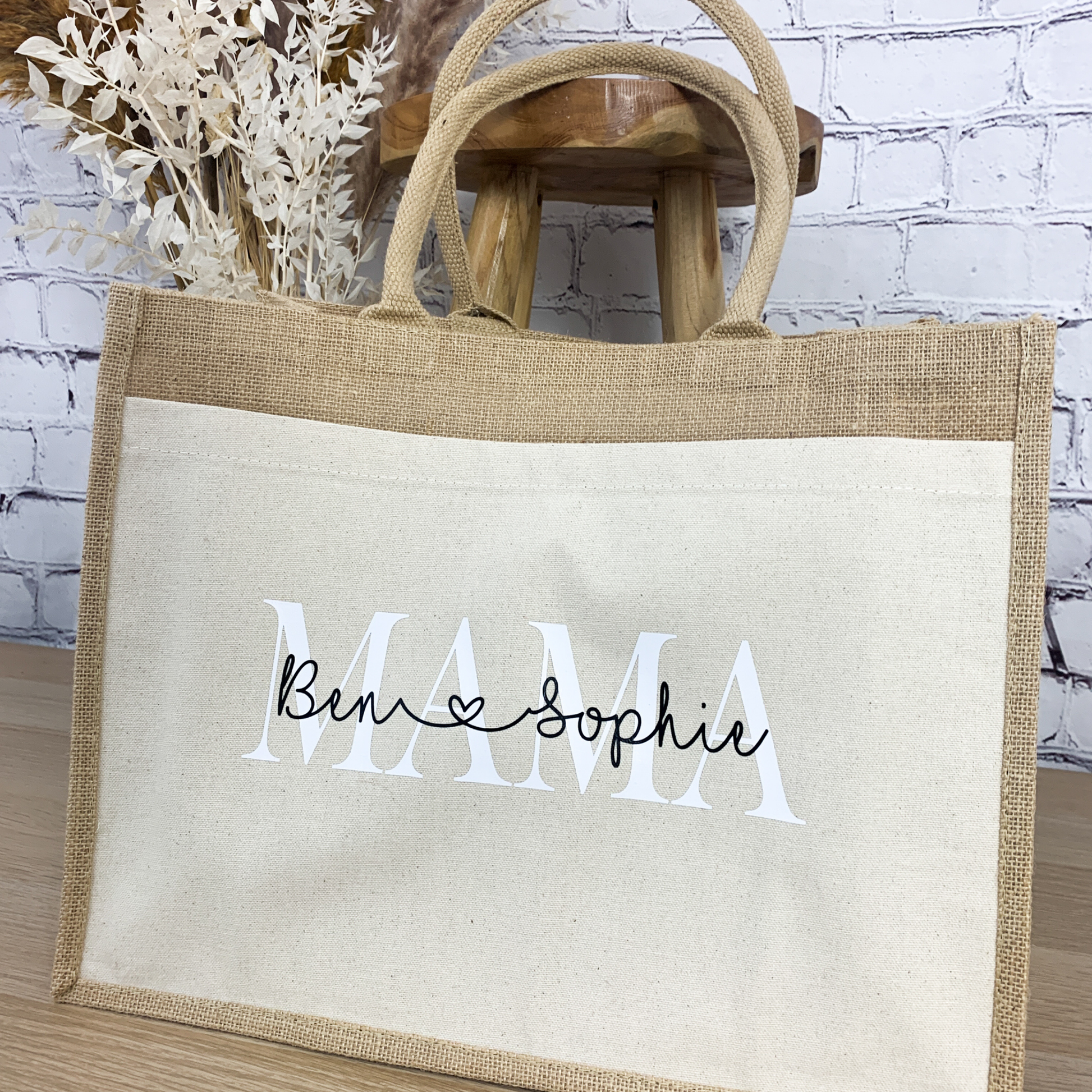 Jutetasche aus Jute und Baumwolle mit Namen Ben & Sophie – liebevolles Geschenk für Mütter