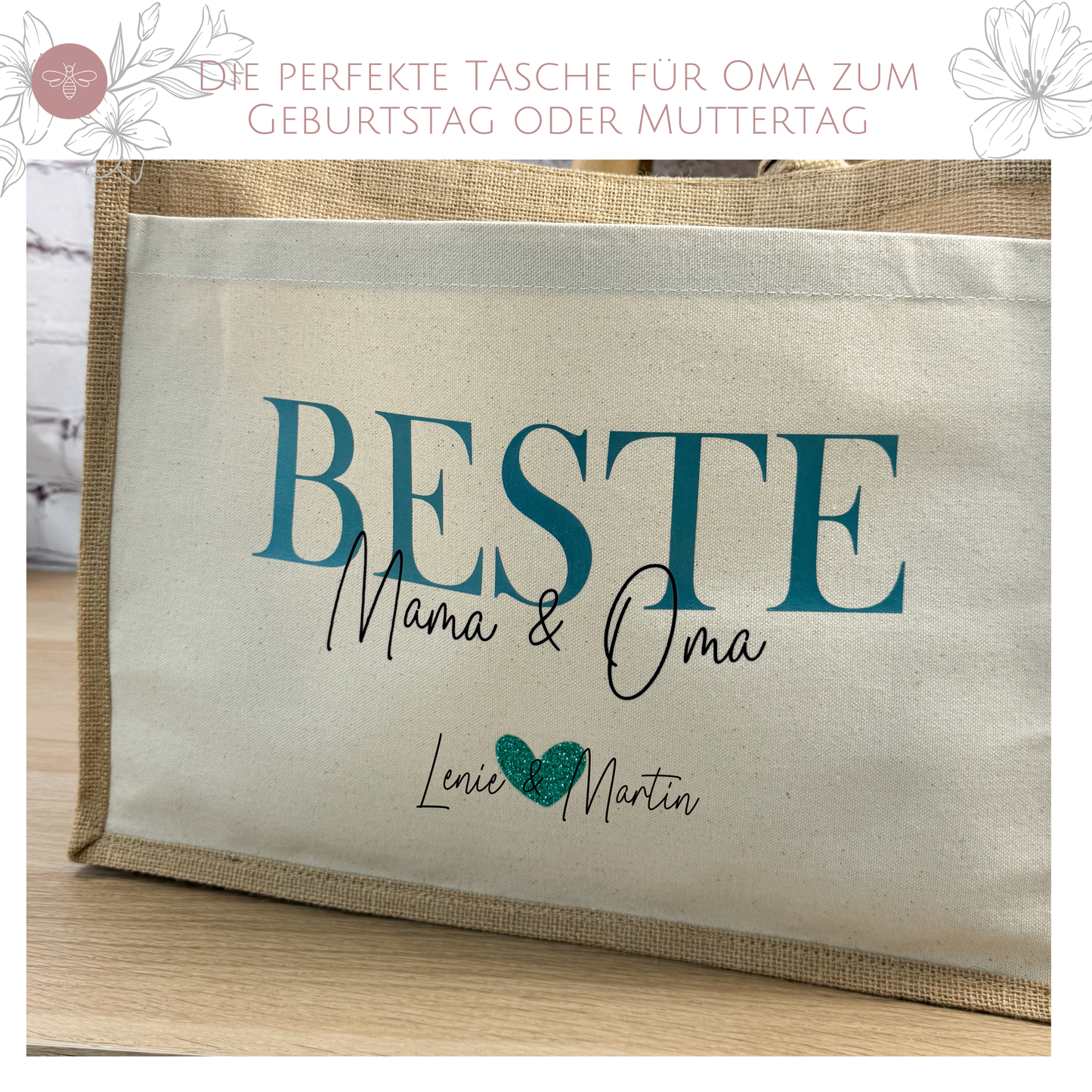 Nachhaltige Jutetasche „Beste Mama & Oma“ in Classic-Größe mit türkisfarbenem Aufdruck – perfektes Geschenk zum Verschenken für Mama und Oma