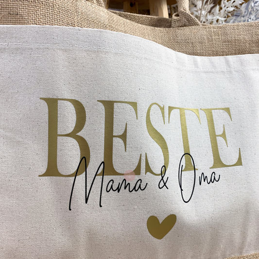Jutetasche „Beste Mama & Oma“ mit goldenem Herz – idealer Begleiter beim Shoppen