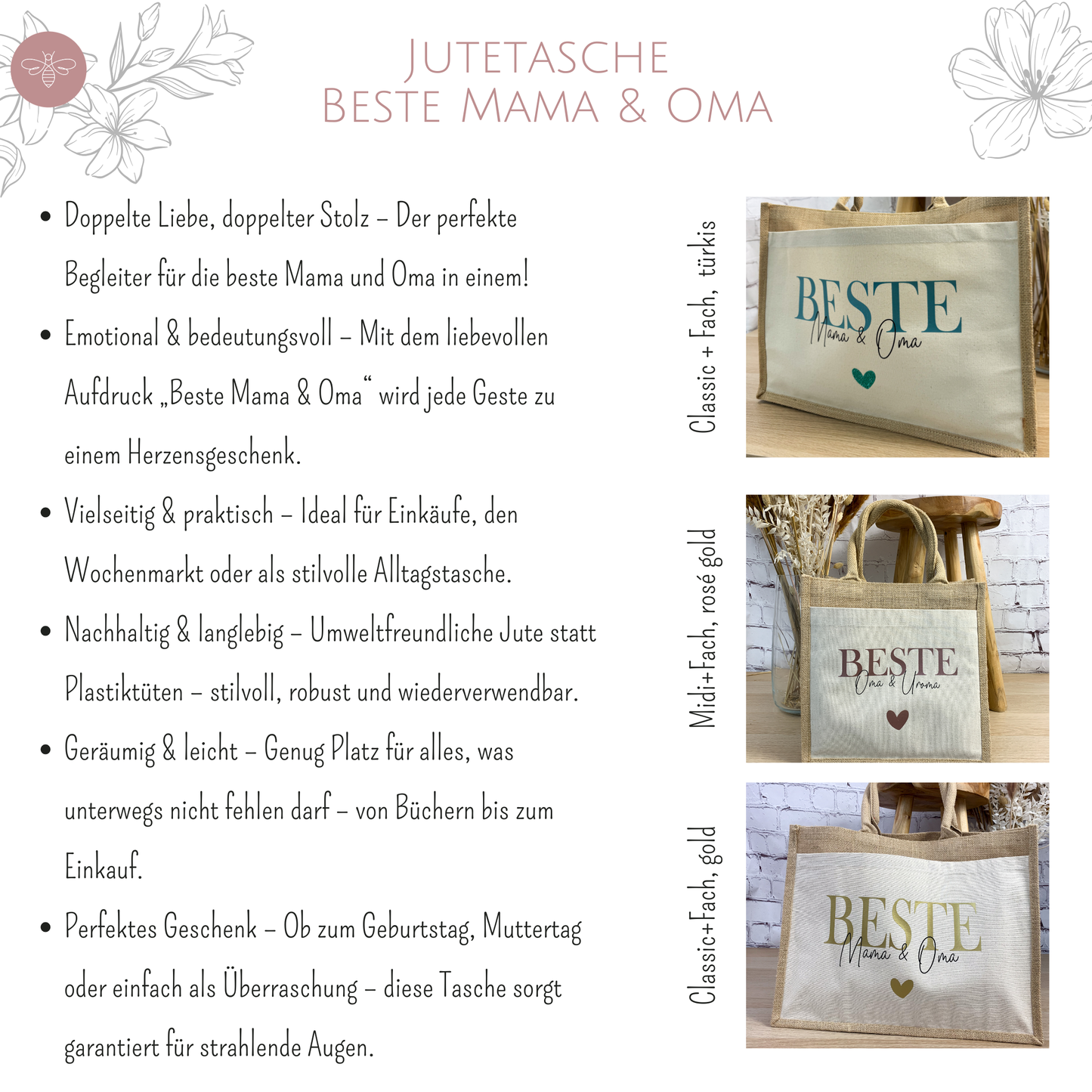 Jutetaschen „Beste Mama & Oma“ in verschiedenen Größen – praktisches und liebevolles Geschenk zum Verschenken