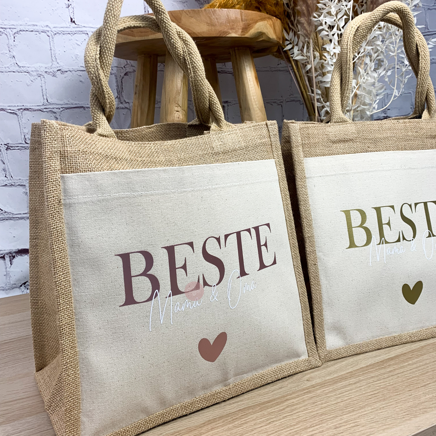 Jutetasche „Beste Mama & Oma“ in Midi-Größe mit rosegoldenem Aufdruck – Geburtstagsgeschenk für Oma und Mama