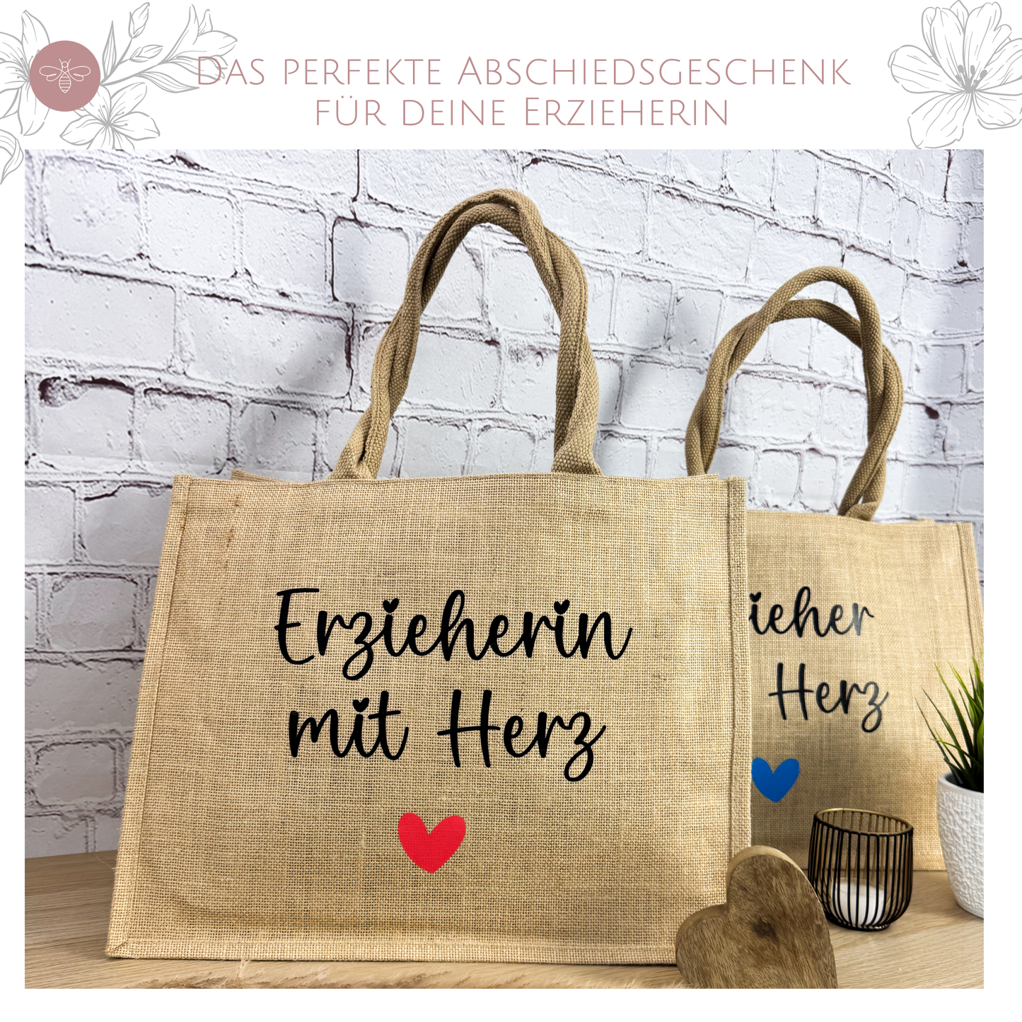 Jutetasche „Erzieherin mit Herz“ – Personalisiertes Geschenk zum Kita-Abschied
