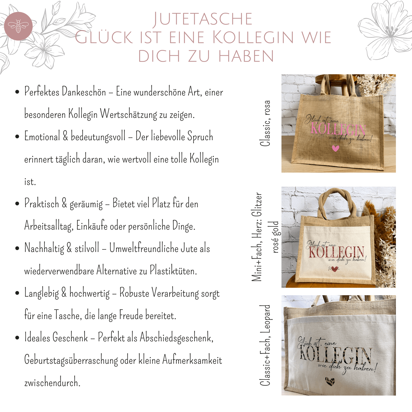 Übersicht der Jutetasche „Glück ist, eine Kollegin wie dich zu haben“ mit Varianten und Produktinfos.