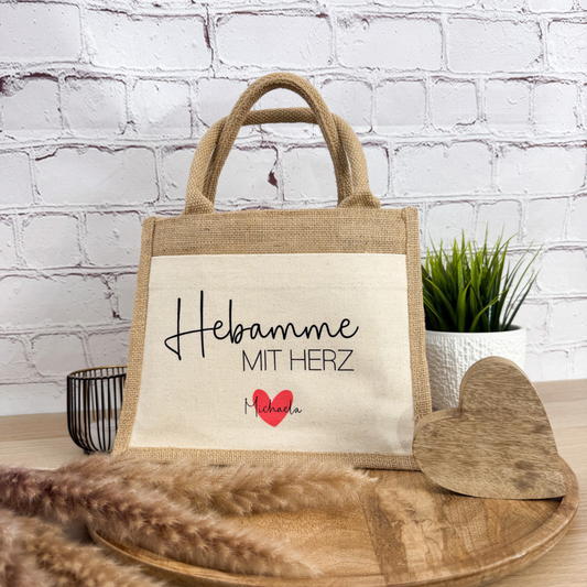Jutetasche „Hebamme mit Herz“ mit hibiscus Herz – perfektes Geschenk für die Hebamme.