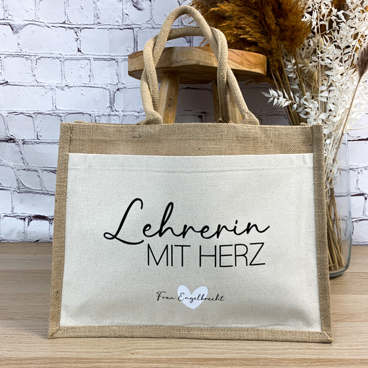 Jutetasche Lehrerin mit Herz