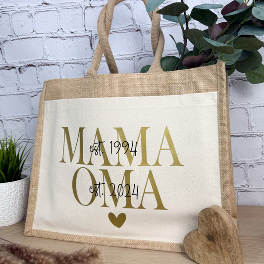 Personalisierte Jutetasche mit Aufdruck 'MAMA OMA est. 1994 & 2024' in Gold – perfektes Geschenk für Mama oder Oma
