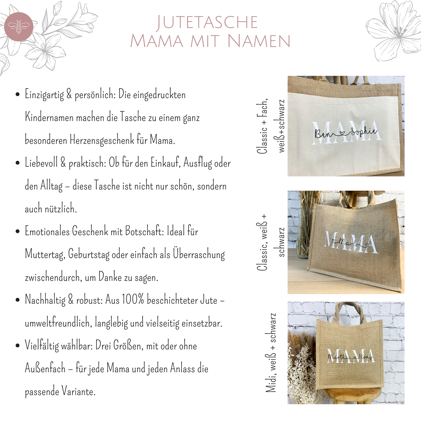 Produktübersicht der Jutetasche Mama mit Namensbeispielen und Varianten in verschiedenen Farben