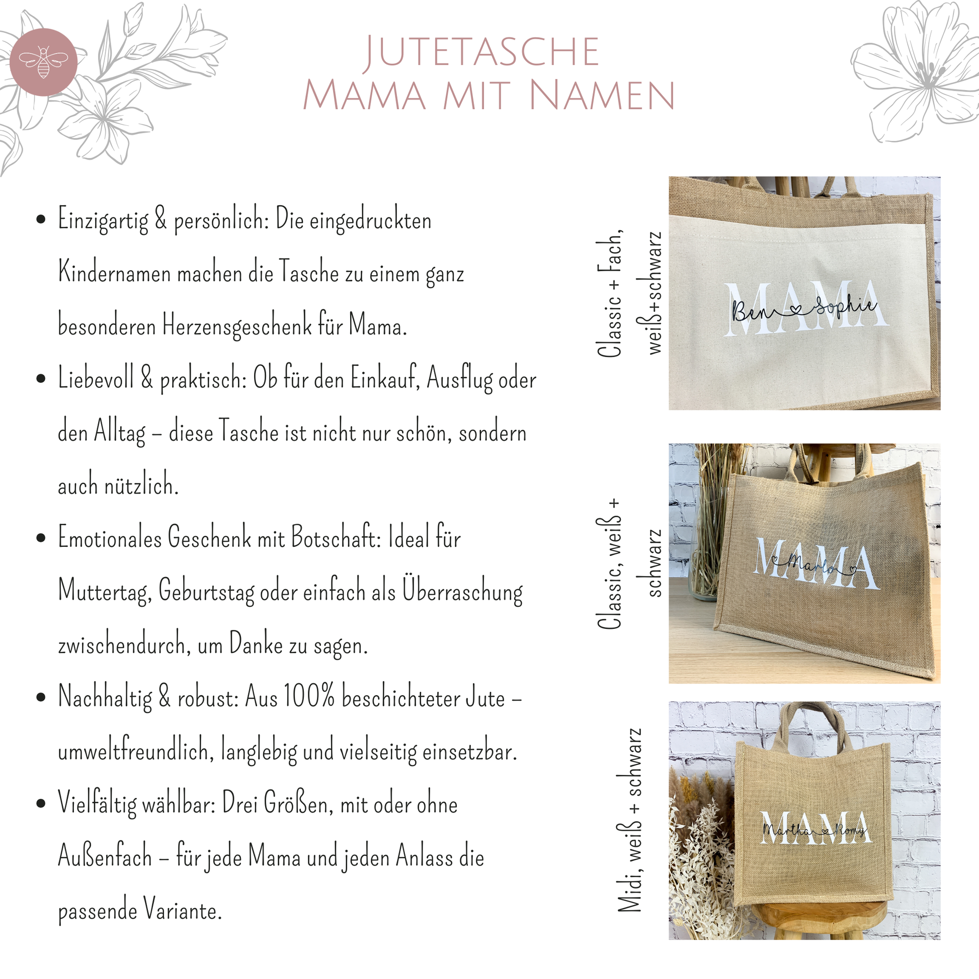 Produktübersicht der Jutetasche Mama mit Namensbeispielen und Varianten in verschiedenen Farben