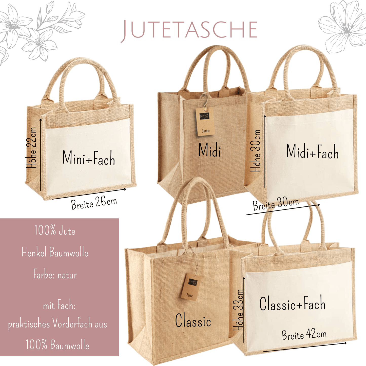 Übersicht der Jutetaschen in verschiedenen Größen – Mini+Fach, Midi, Midi+Fach, Classic und Classic+Fach. Jede Tasche aus 100 % Jute mit Baumwollhenkeln, optionalem Frontfach aus Baumwolle und natürlicher Farbgebung. Perfekt für den Alltag, nachhaltige Einkäufe oder als Geschenk.