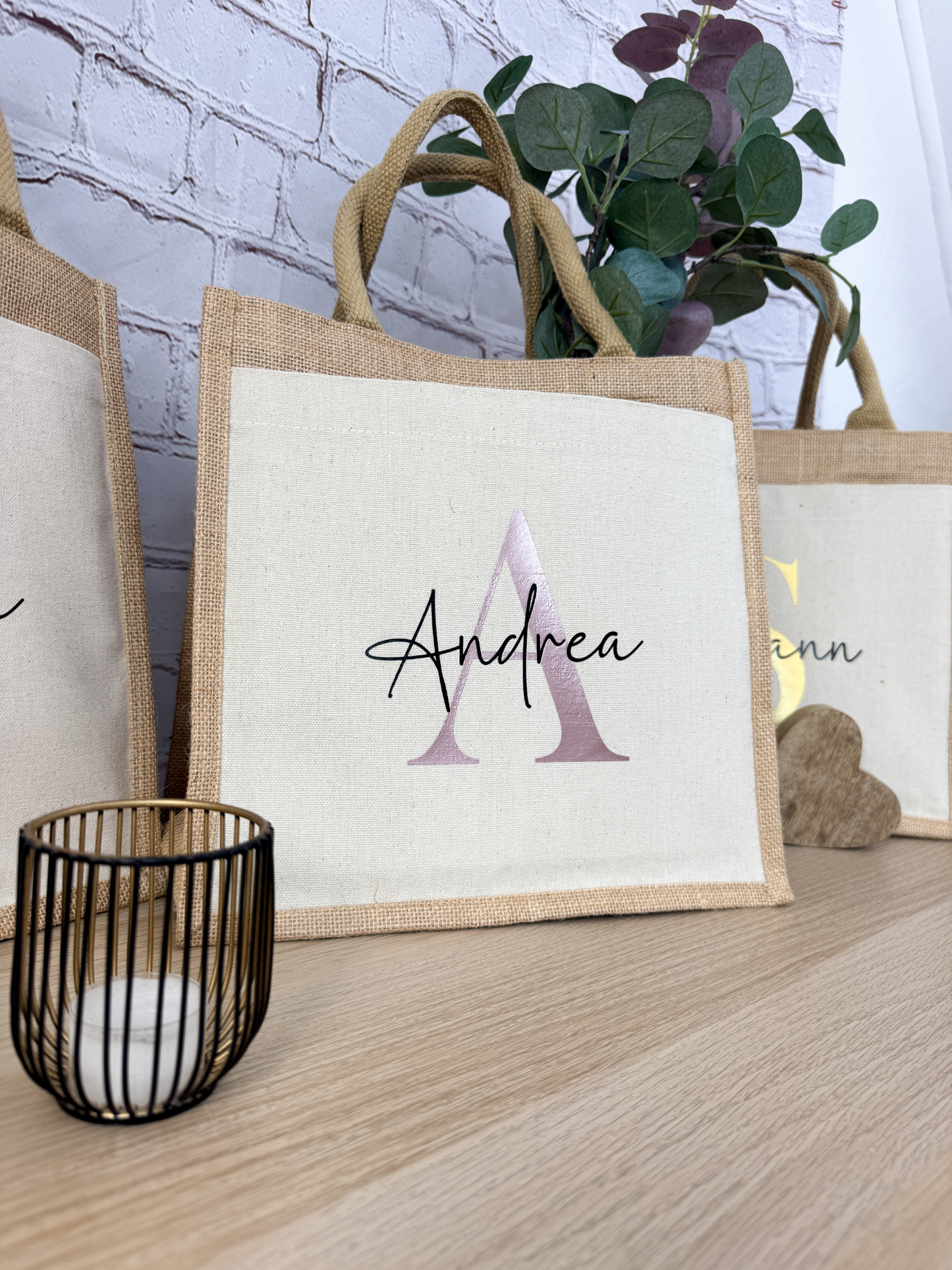 Jutetasche mit Namen und roségoldener Initiale – personalisierte Tasche für Frauen, ideal als Geschenk zur Rente oder für Lehrerinnen