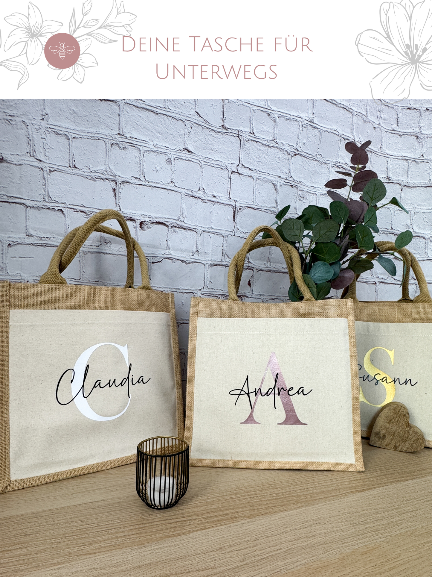 Deine Jutetasche personalisiert für unterwegs – Geschenkidee mit Initiale & Name für Kollegin, Freundin oder Mama