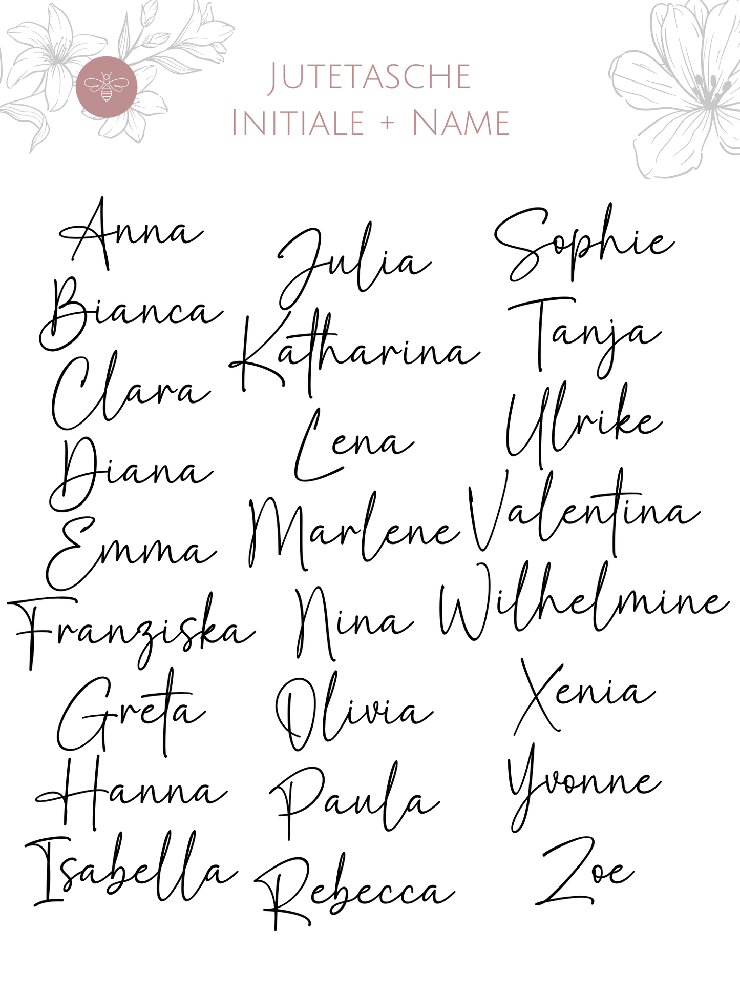 Schriftart Beispiel Name für personalisierte Taschen – Inspiration für Namen und Initialen auf deiner individuellen Jutetasche