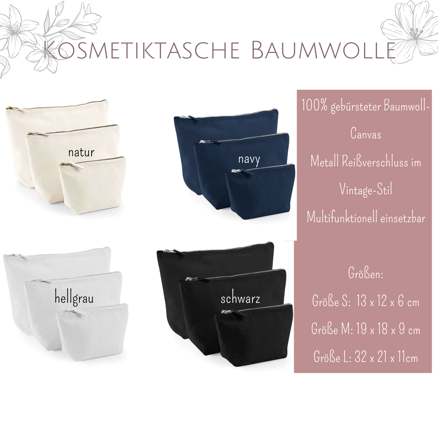 Produktfoto mit Beschreibung: Kosmetiktasche mit Initiale und Name, perfekte Geschenkidee für Frauen – aus Canvas-Baumwolle