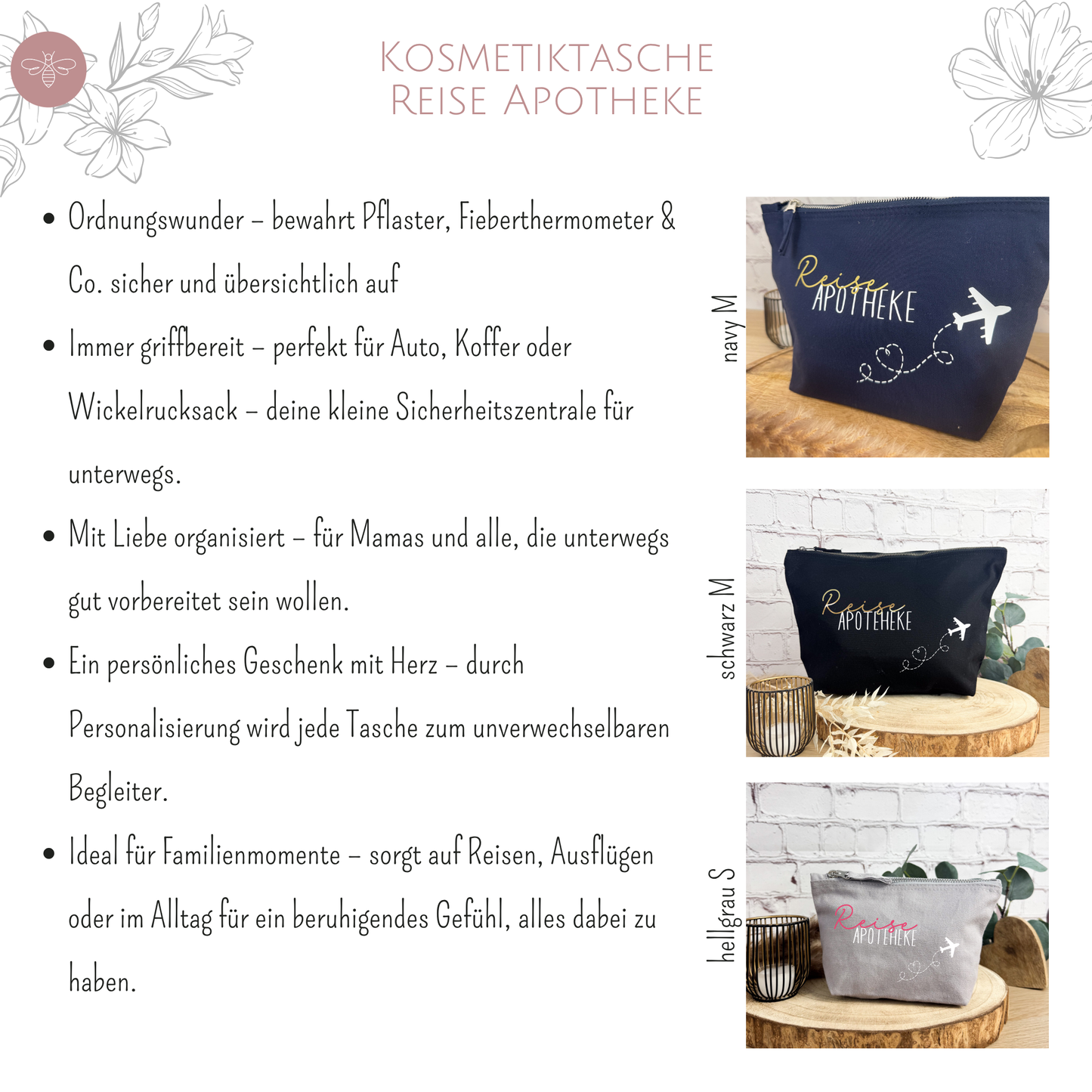 Produktübersicht der Reiseapotheke Kosmetiktasche in verschiedenen Farben und Größen – mit Anwendungsbeispielen
