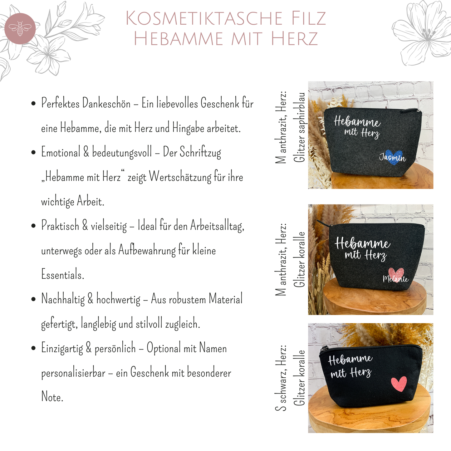 Übersicht der Kosmetiktasche aus Filz mit der Aufschrift „Hebamme mit Herz“. Das Bild zeigt die Tasche in den Größen S und M sowie die Farbvarianten Anthrazit und Schwarz.