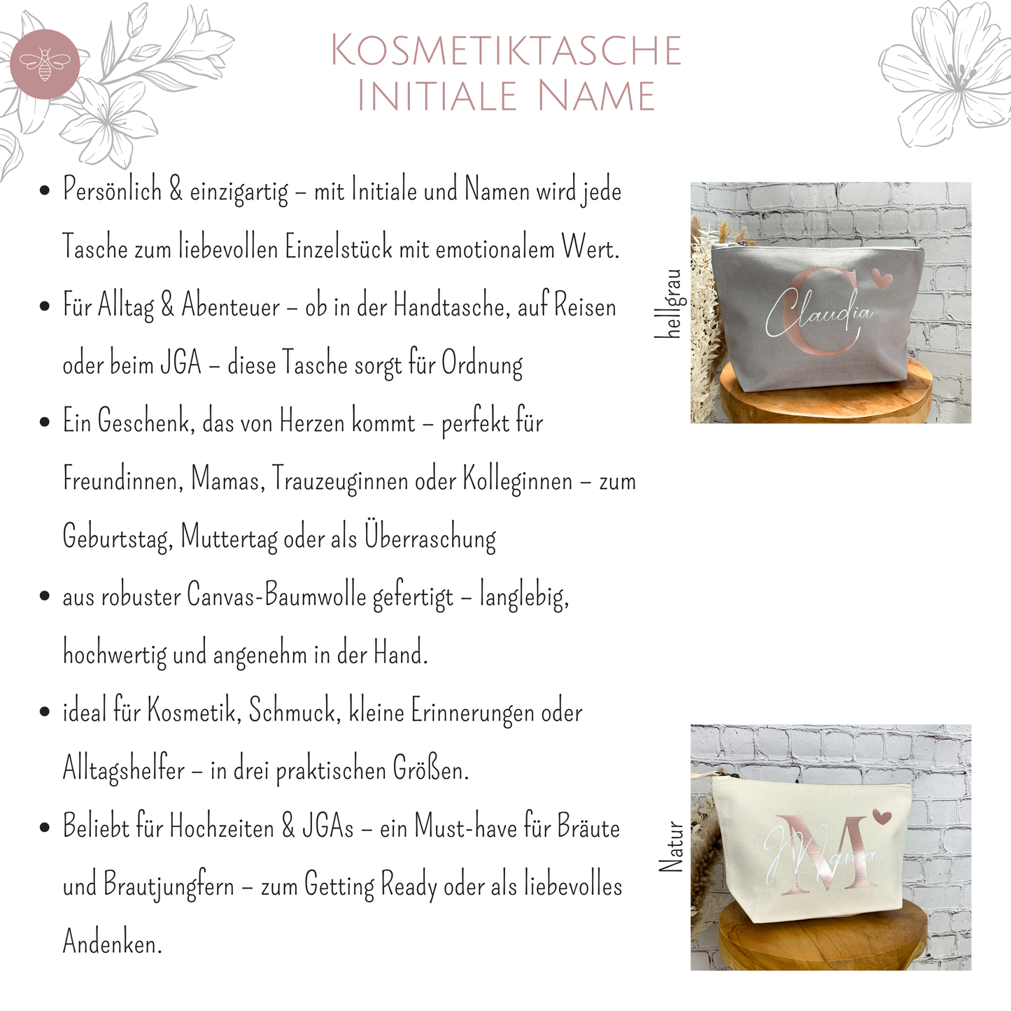 Produktübersicht: Kosmetiktasche aus Baumwolle in vier Farben und drei Größen – vielseitig einsetzbar für Reisen, Alltag oder als Geschenk