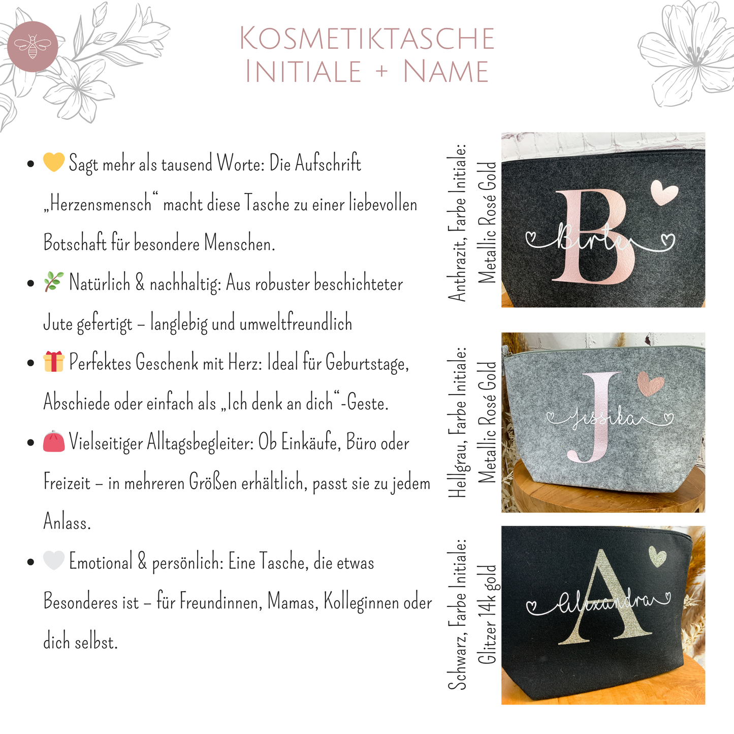Kosmetiktasche Initiale + Name – Materialdetails und Gestaltungsbeispiele in verschiedenen Farben und Initialen.