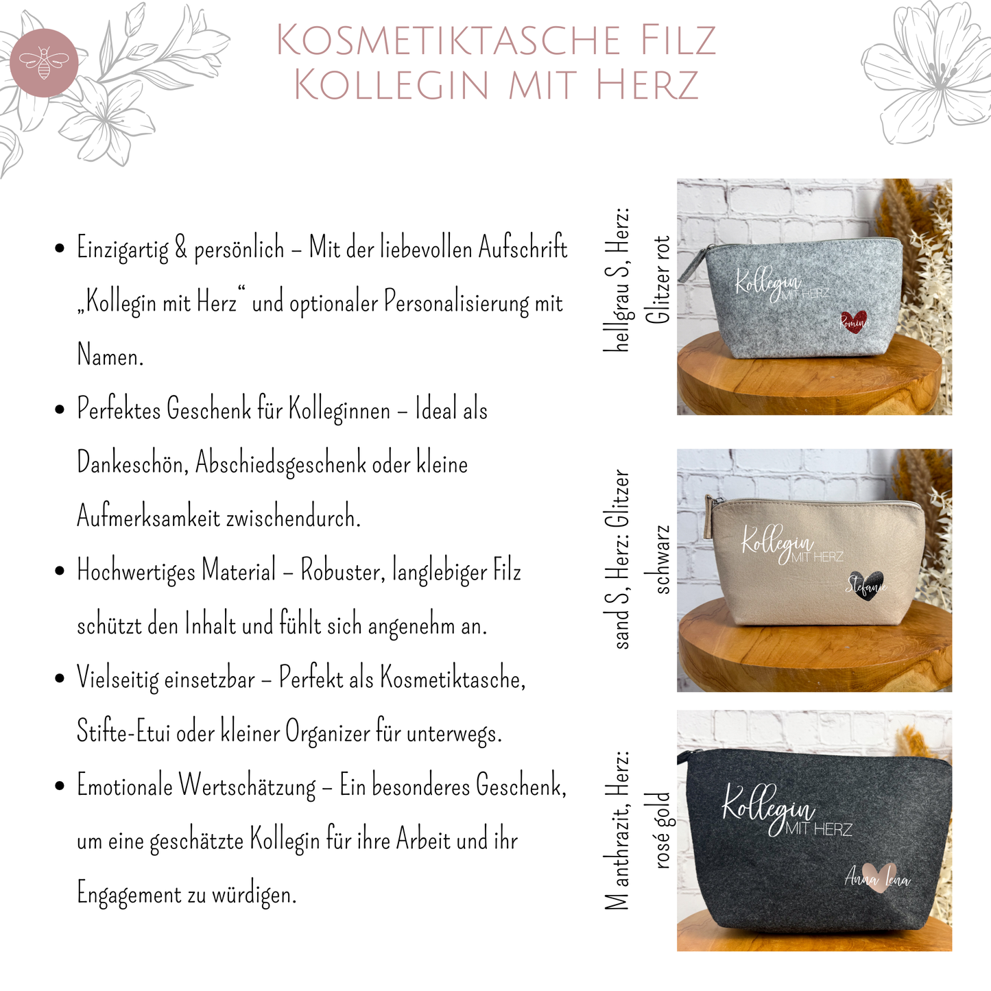 Bestseller-Kosmetiktasche aus Filz mit „Kollegin mit Herz“ Schriftzug und Herzmotiv – hochwertig, langlebig und ideal als Geschenk zum Abschied.