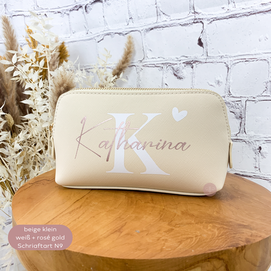 Kosmetiktasche personalisiert PU Leder Beige SueBeCreative