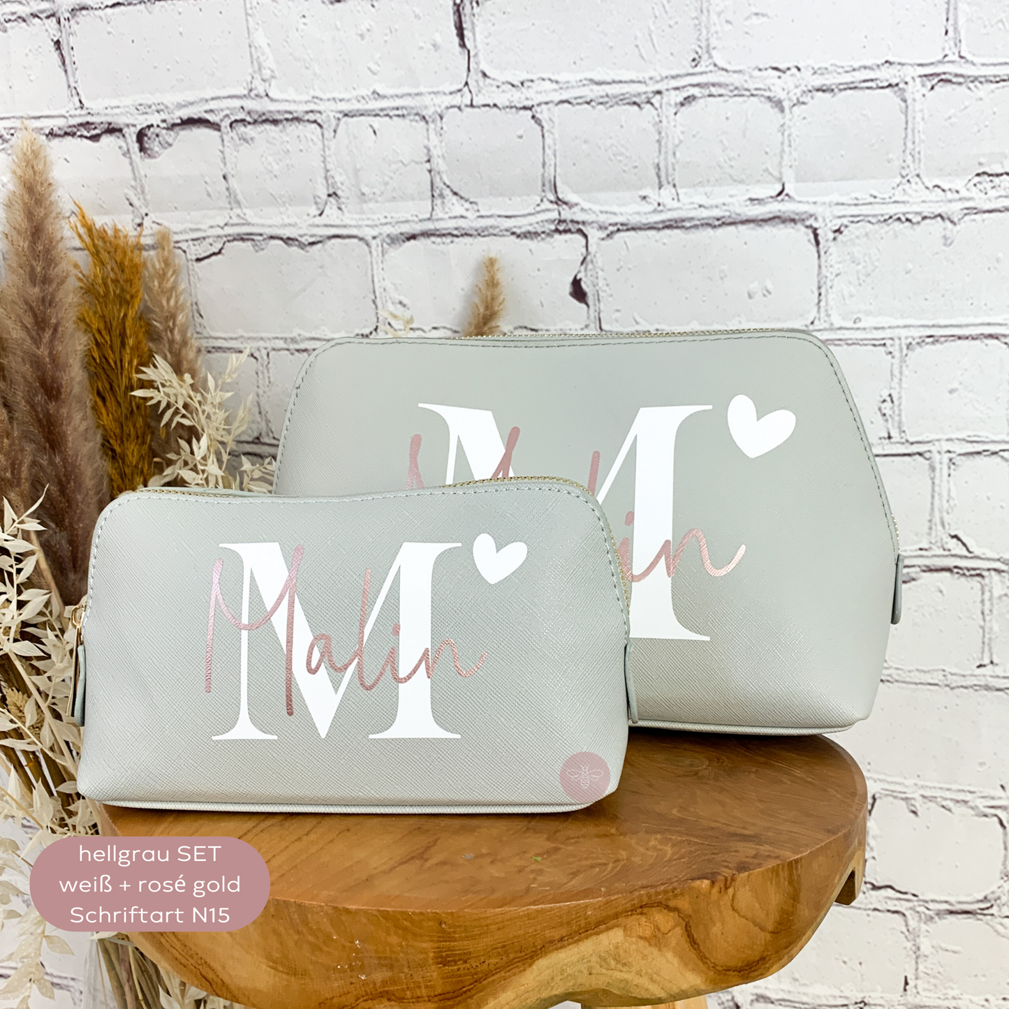 Kosmetiktasche personalisiert PU Leder grau SueBeCreative