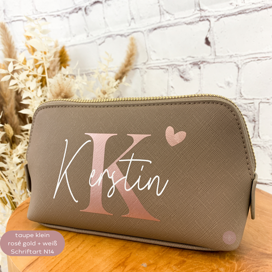 Kosmetiktasche personalisiert PU Leder Taupe SueBeCreative