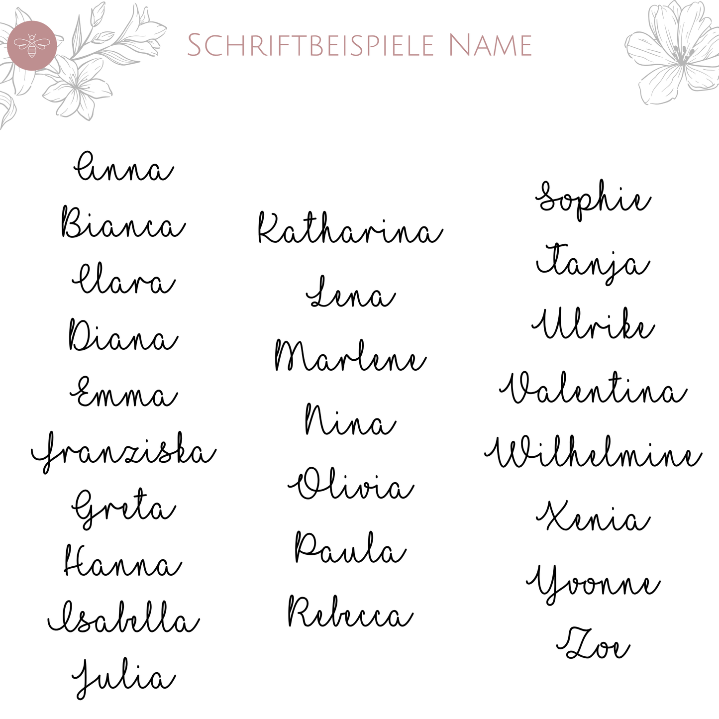 Namensbeispiele für personalisierte Kosmetiktaschen – Inspiration für individuelle Gestaltung mit Herz.