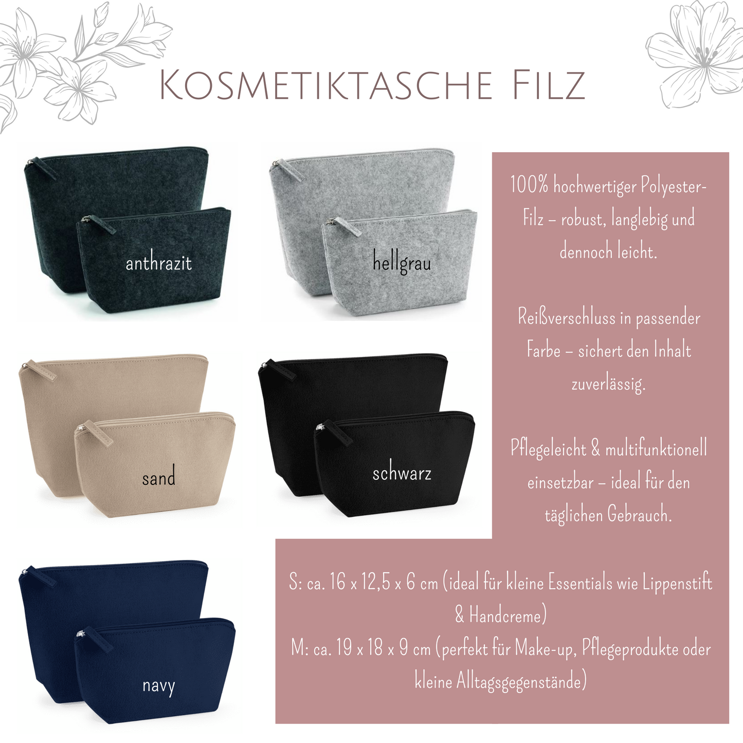 Farb- und Größenübersicht Filz Kosmetiktaschen - SueBeCreative