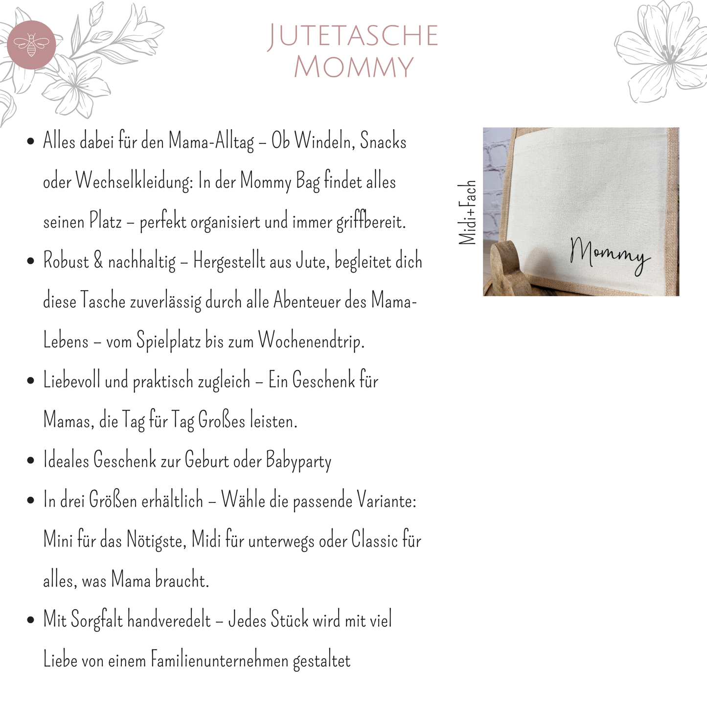 Übersicht der Vorteile der Mommy Jutetasche – ideal als Geschenk für Mamas