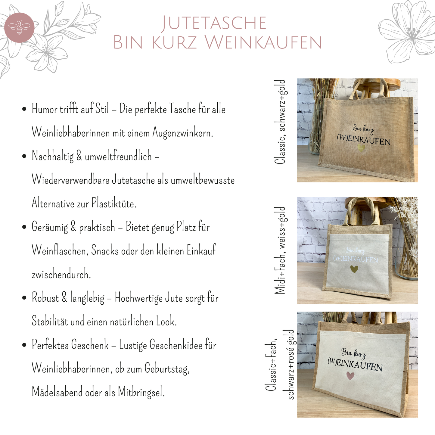 Praktische Jutetasche mit lustigem Weinspruch, ideal für den Wocheneinkauf oder als umweltfreundliches Geschenk.