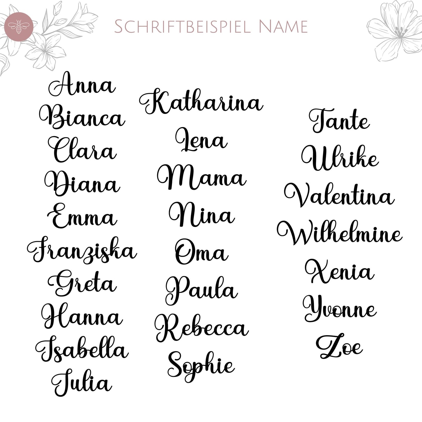 Personalisiertes Schriftbeispiel für einen Nikolausstrumpf mit verschiedenen Namen wie "Anna" und "Felix" zur Auswahl.