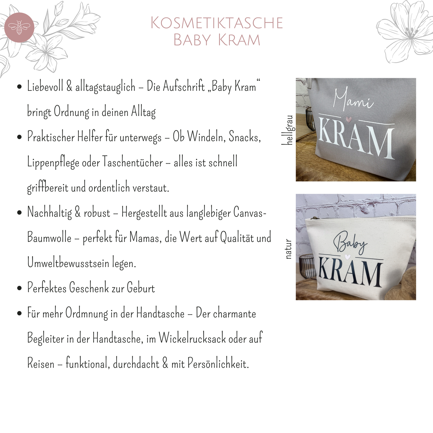 Produktpräsentation Kosmetiktaschen „Mami Kram“ und „Baby Kram“ – stilvoll, funktional und umweltfreundlich
