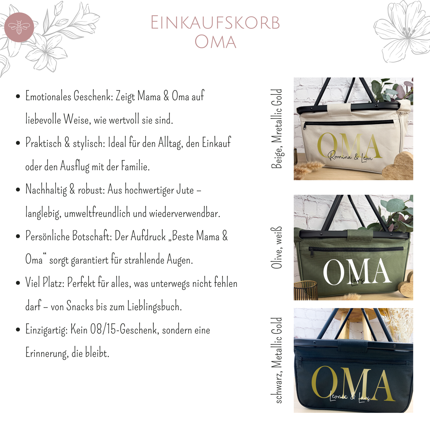 Übersicht der personalisierten Einkaufskörbe mit dem Schriftzug 'Oma', in verschiedenen Farben und Designs.