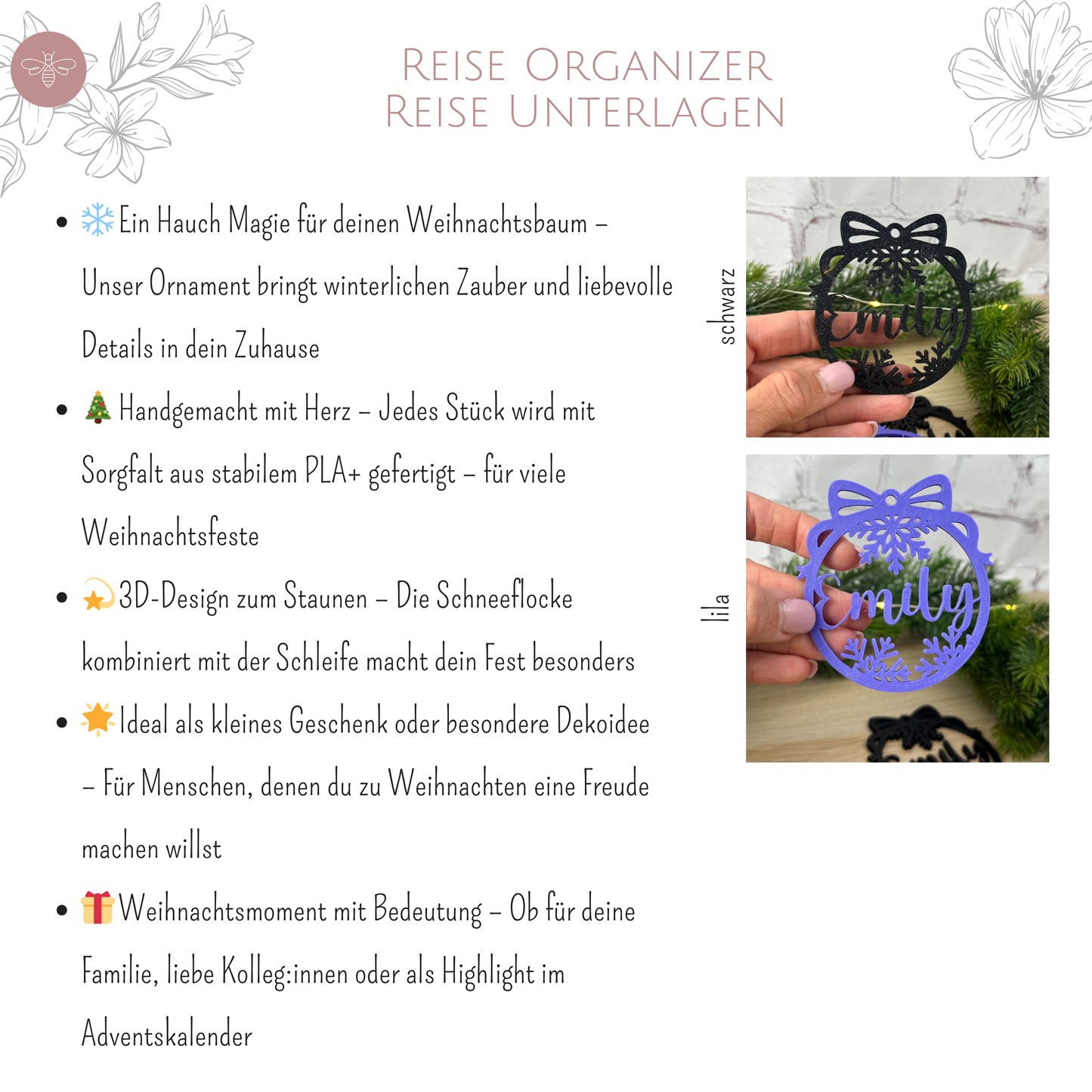 Produktvorteile 3D Weihnachtsbaum Anhänger Schneeflocke & Schleife – Übersicht mit Bullet Points und Beispielbildern