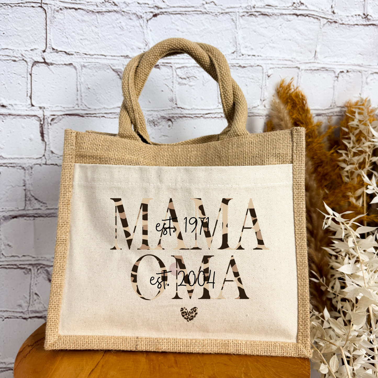 Stylische Jutetasche mit Leopardenmuster „Mama, Oma Est“ – originelles Geschenk zur Oma-Überraschung